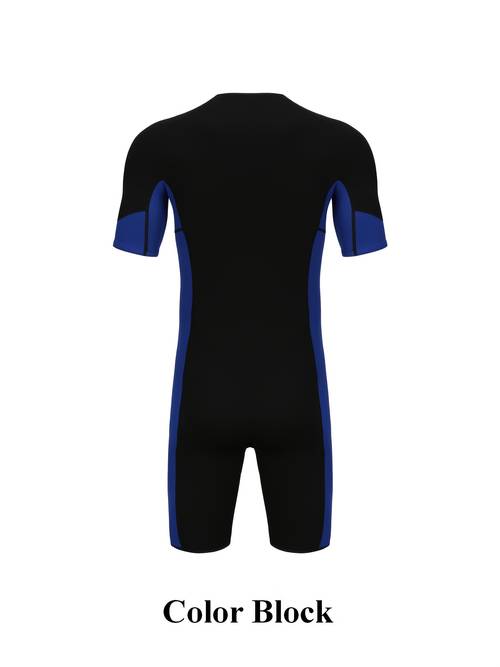 mens 3mm neoprene short sleeve wetsuit black and blue color block front extra long zipper swimsuit one piece swimsuit suitable for surfing snorkeling swimming clothing
