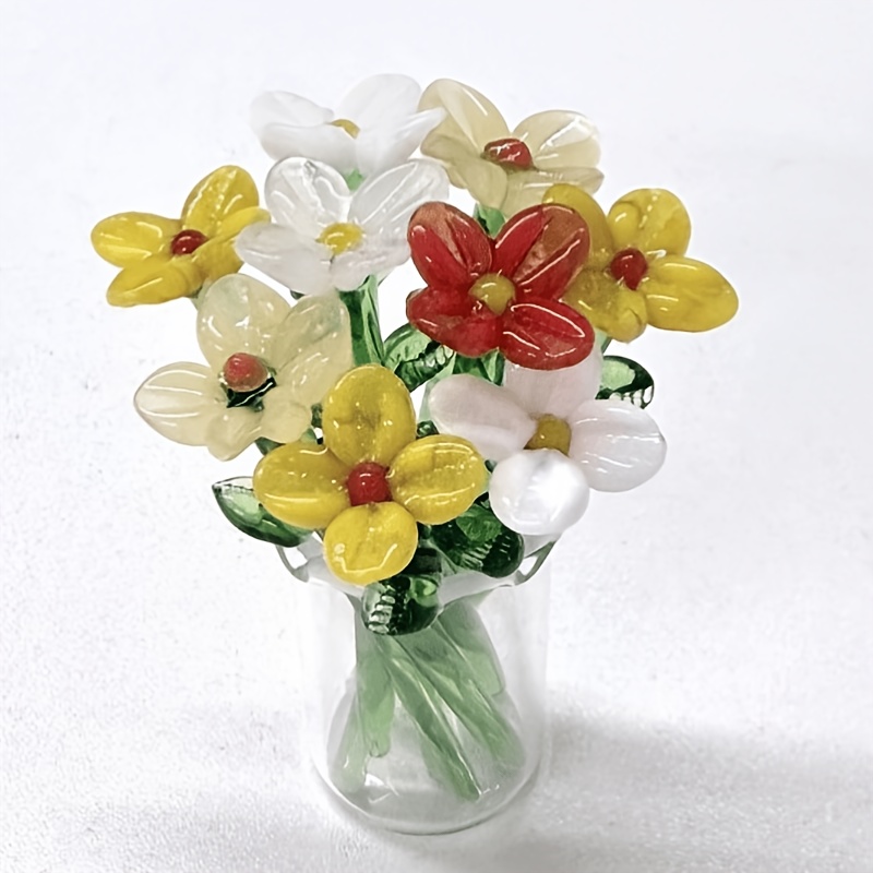 TEMU 7pcs Handcrafted Crystal Glass Mini Flower Ornament Containing Random 6 Mini Flowers And 1 Small Bottle. This Collectible Set Of Figurines Is