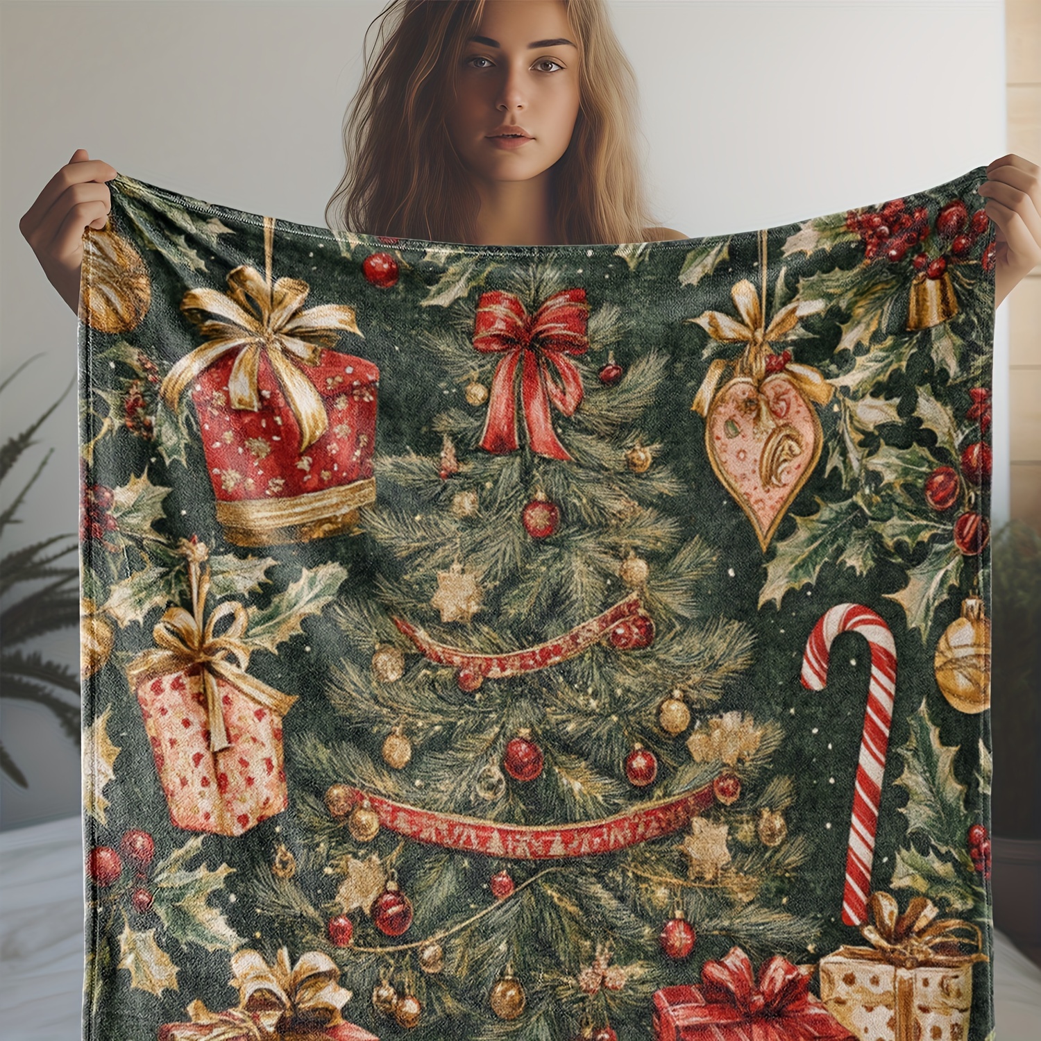 

Vintage Christmas Tree And Bow Print Flannel Throw Blanket - Cozy, Comfortable, And Soft - Multipurpose All-season Throw For Sofa, Bed, Office, And Travel - Ideal Gift For All Seasons