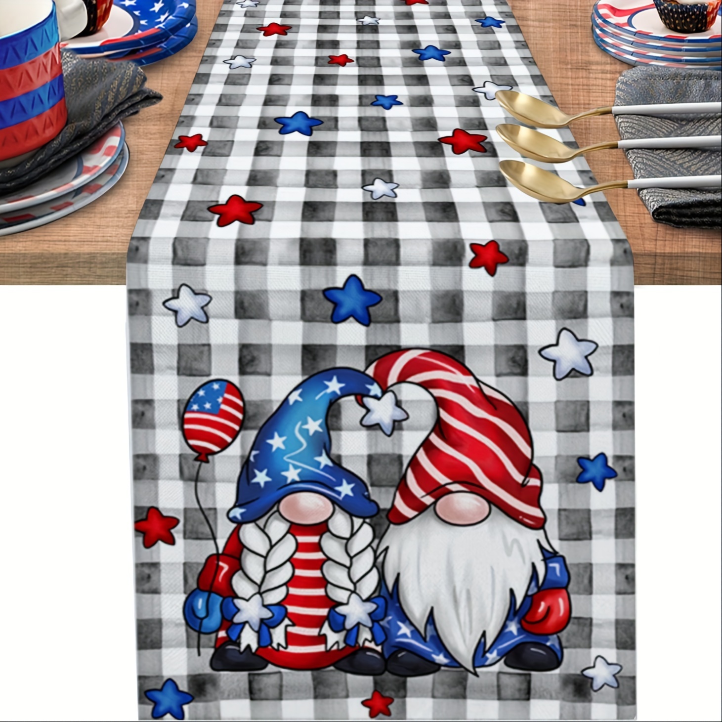 

1pc Table Runner, Table Runner, Long Patriotic Gnomes Stars Table Runners, Dresser Scarf, Kitchen Dining Table Decor, Black Runner, For Usa Day, Holiday, Party, 13x48/13x72/13x108inch, Home Supplies