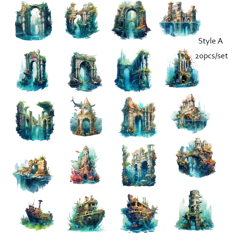 Image of 20pcs/set Handmade Creative Retro Fantasy Underwater Castle High Quality Stickers - Diary, Notebook, , And Magazine Decorations - Vintage Ship Decals For Gifts