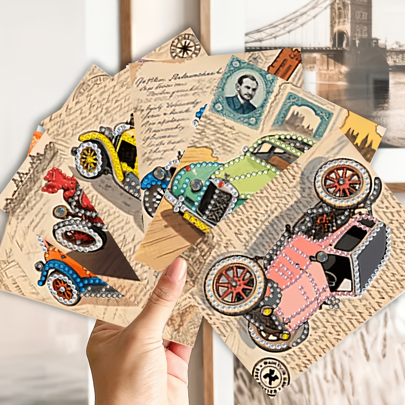 TEMU 6pcs New 6pcs Set Vintage Car-themed Diamond Painting Cards Suitable For Diy Crafts, Vehicle Designs With Irregular/round Diamonds, Historical