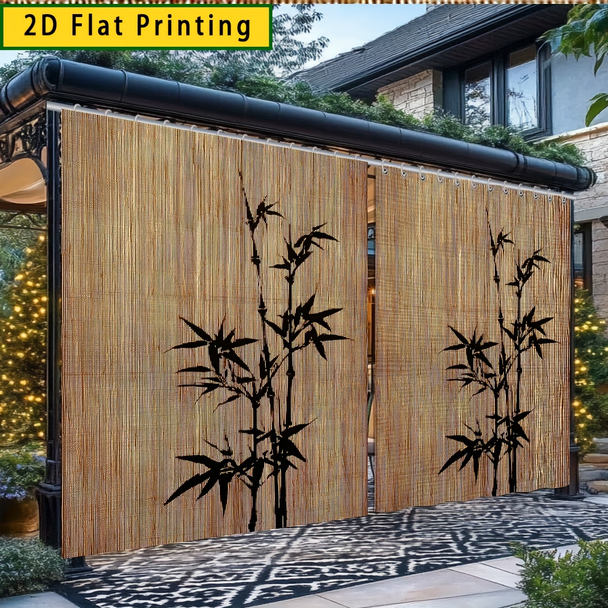 TEMU 2d Flat Printing Outdoor Curtains, 2pcs, Decorative Outdoor Curtains, With Bamboo Shadow Pattern, Suitable For Door And Window Curtains, Indoor