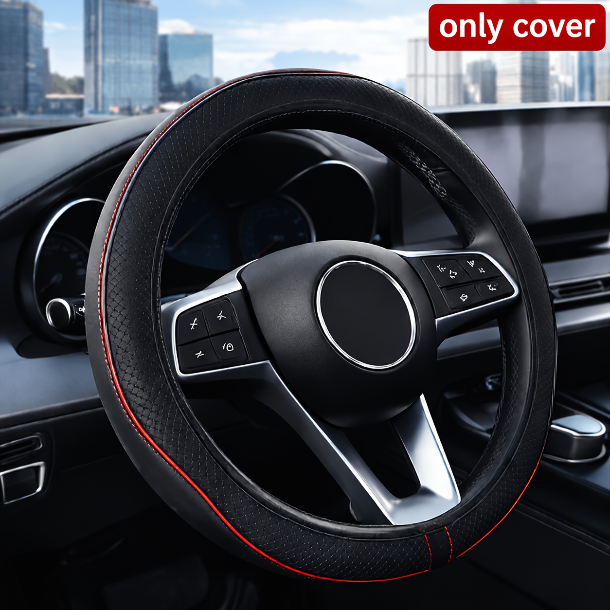 TEMU 1pc Textured Pu Leather Car Steering Wheel Cover, Anti-slip Grip, Breathable & Soft, Wear-resistant, Durable, Comfortable Driving, Use, Sport