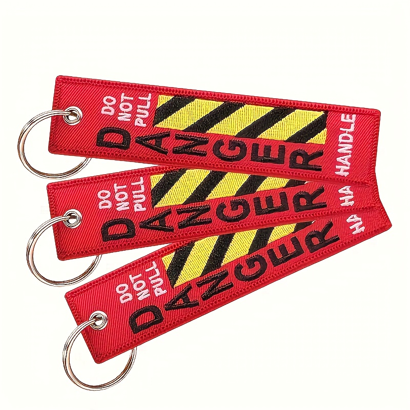 Image of 1/3pcs Embroidered Warning Tag Keychain - Sides Printed, , Soft Fabric Material, Red Color, Aviation And Motorcycle Accessories