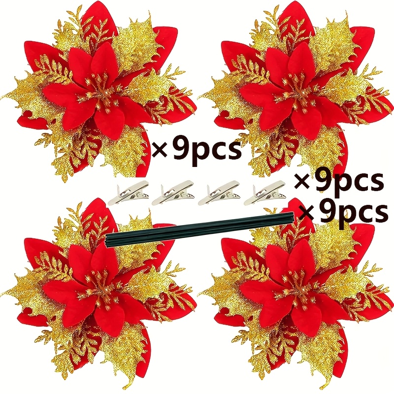 TEMU Set de 27 piezas de adornos navideños brillantes con forma de estrella y flor, ramo de flores artificiales con clips y artificiales, decoración