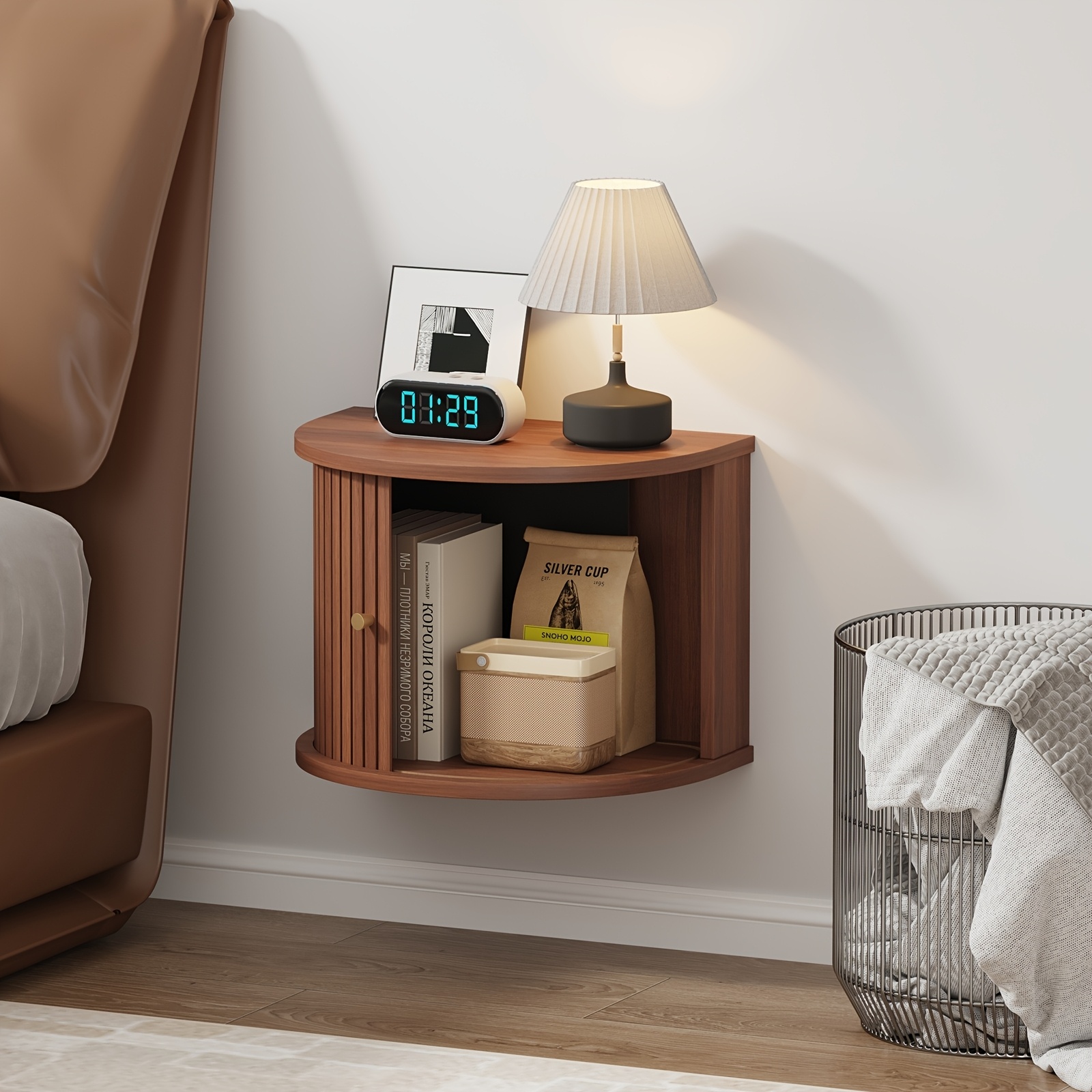 floating nightstand wooden wall mounted bedside table with storage and sliding door   century   brown walnut end space saving for living room bedroom entryway home decor  