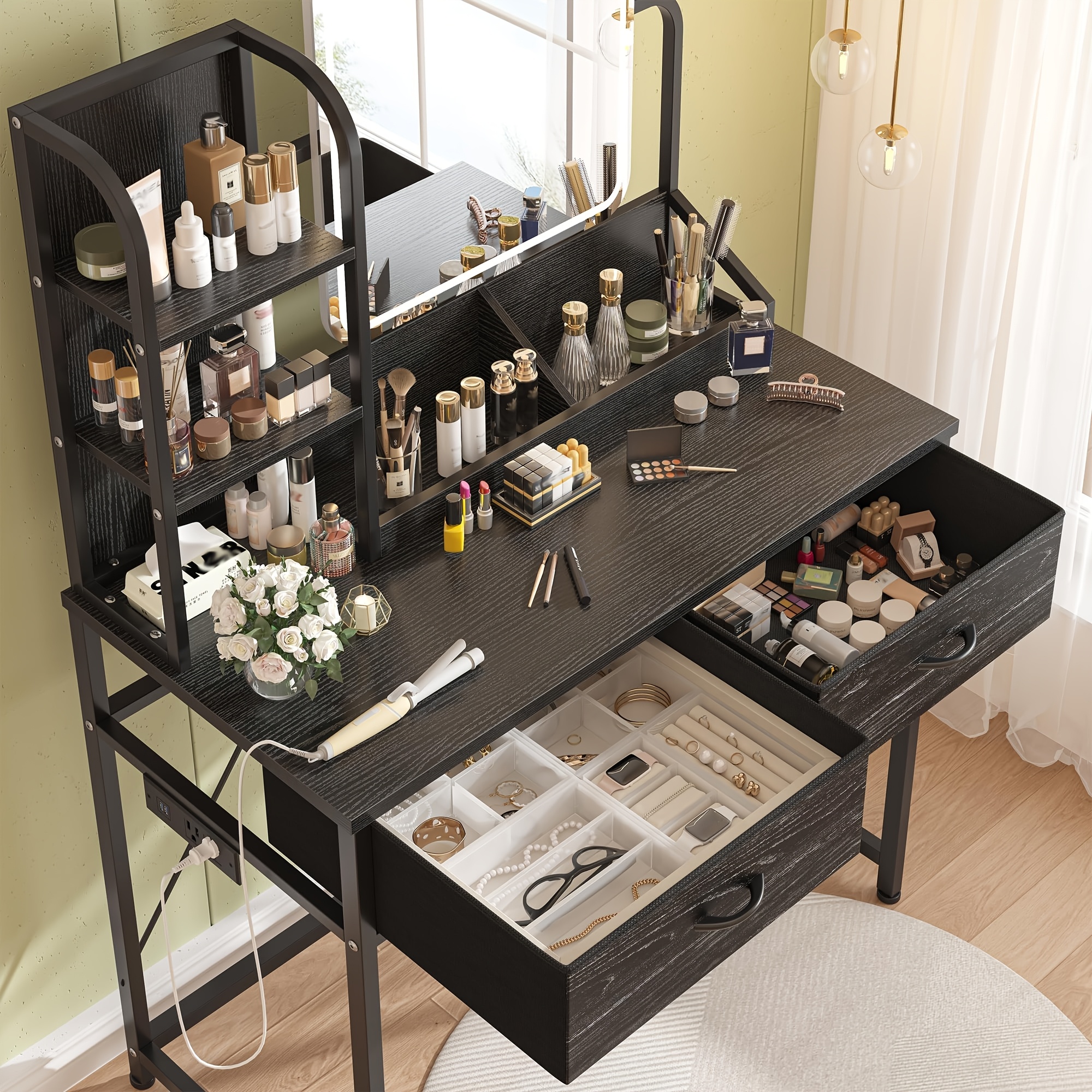 Vanity Desk with Lights, Makeup Vanity with Power Strip, Dressing Table Set with 5 Large Drawers, Vanity Mirror 3 Lighting Color Adjustable