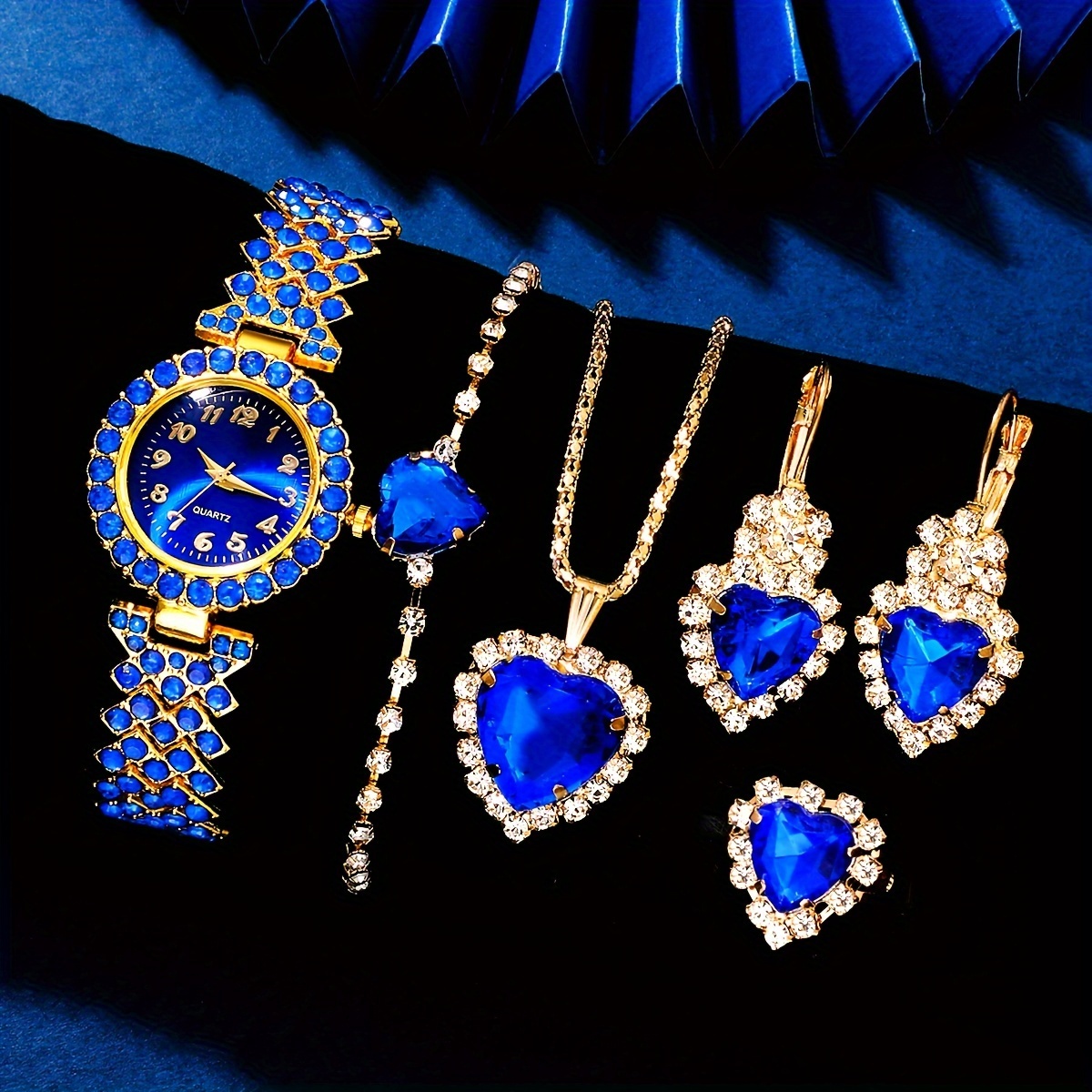 

6pcs/set Luxury Rhinestone Quartz Watch Klein Blue Fashion Wrist Watch & Synthetic Gem Jewelry Set, Valentine's Day Ramadan Gifts For Women Her