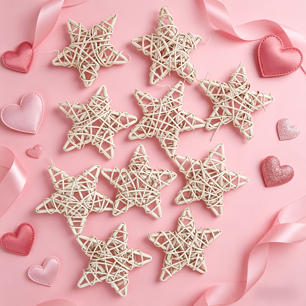 TEMU 10pcs Vintage Rustic Handmade Rattan Star Hanging Ornaments For Wall, Christmas And Daily Home Decor, Unique Pentagram Holiday Gifts