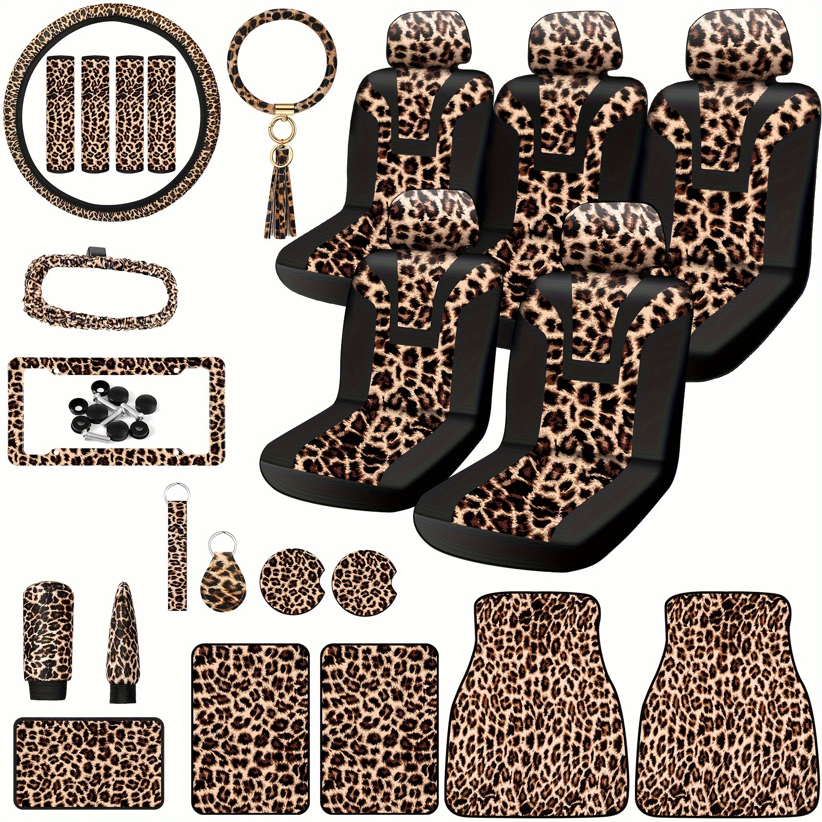 TEMU Leopard Car Accessories Leopard Car Seat Covers Full Sets Leopard Car Steering Wheel Cover License Plate Cover Rubber Car Floor Mat Leopard Car Protector Interior Accessories Universal Fits