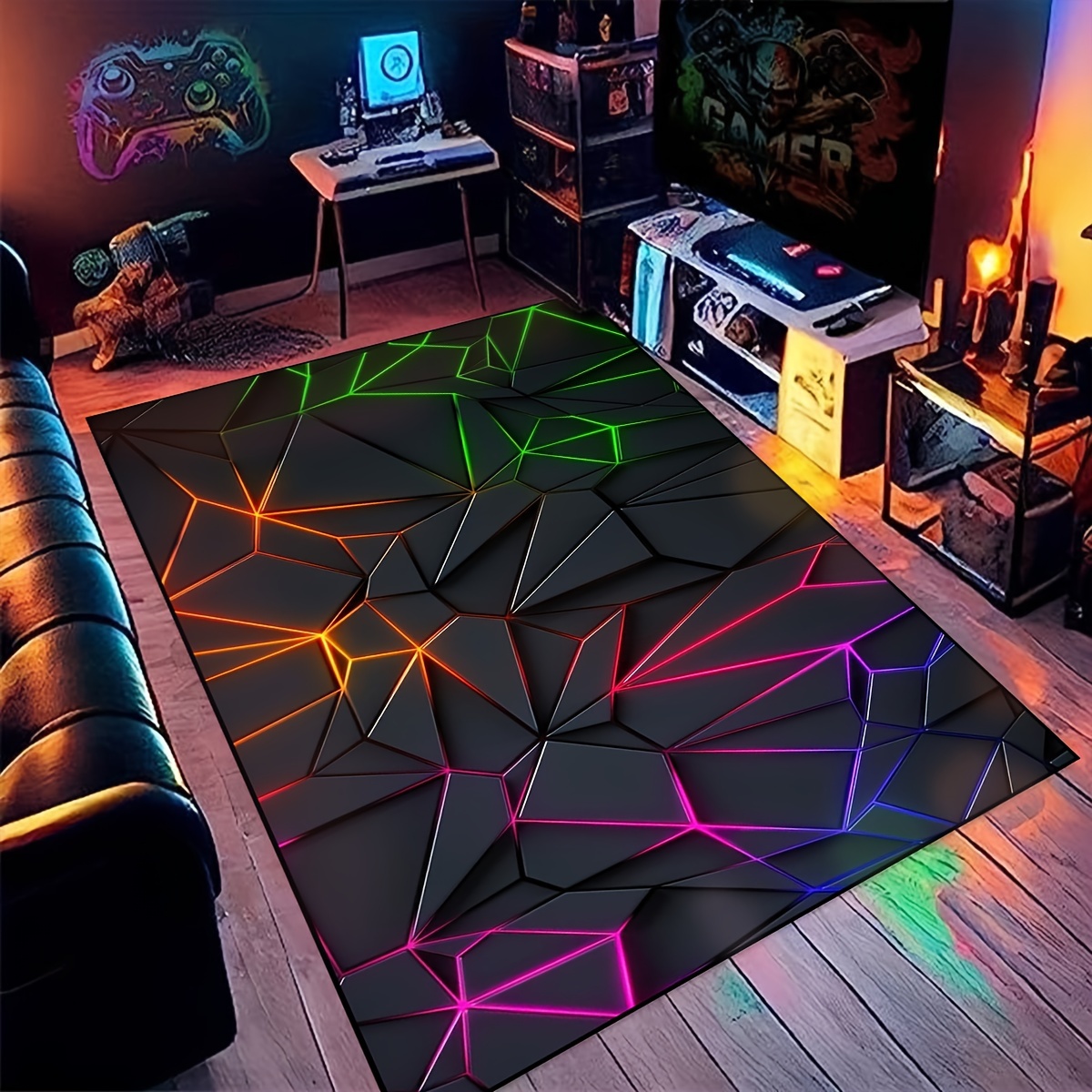 

Large Neon Cyberpunk Mat - 6mm Thick, Vibrant Geometric Patterns , Blue, Orange & Purple, Floor Mat For Gaming Rooms & Home Decor, Hand Wash Only, Gaming Room Decorations