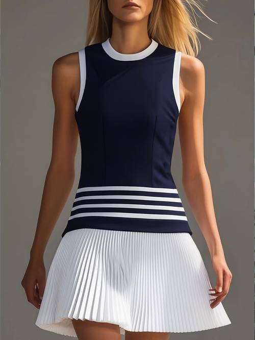 navy blue and block sleeveless striped pleated skirt waist and dress