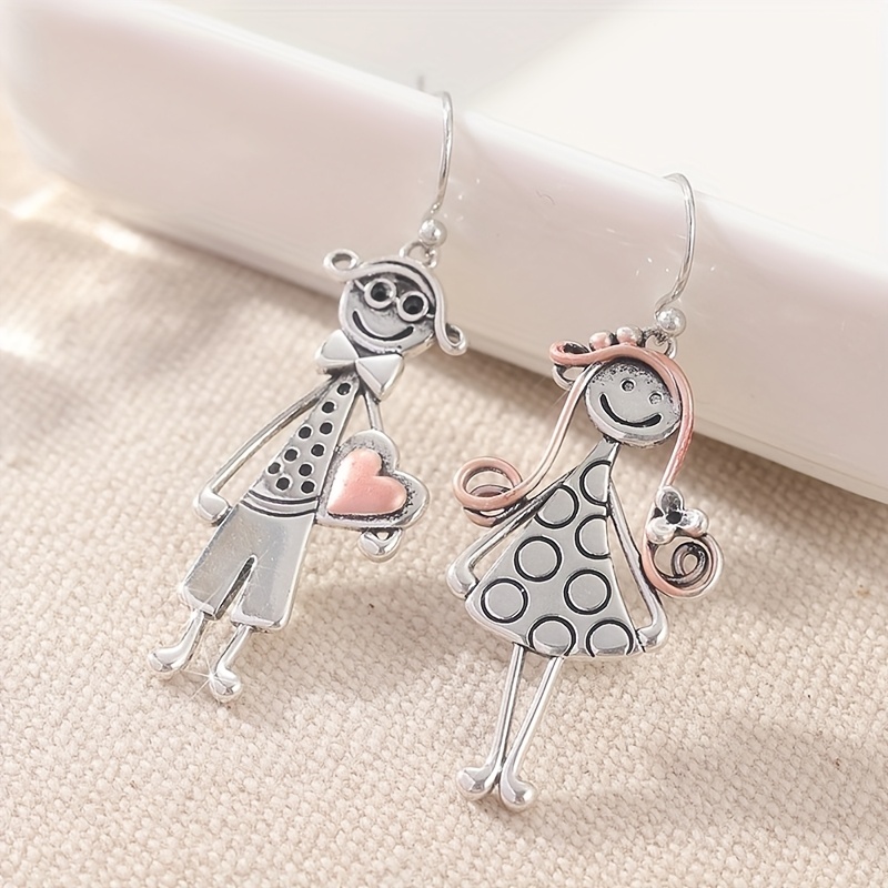 Image of Creative Retro Minimalist Couple Character Metal Pendant Earrings, Perfect For Women's Everyday Wear