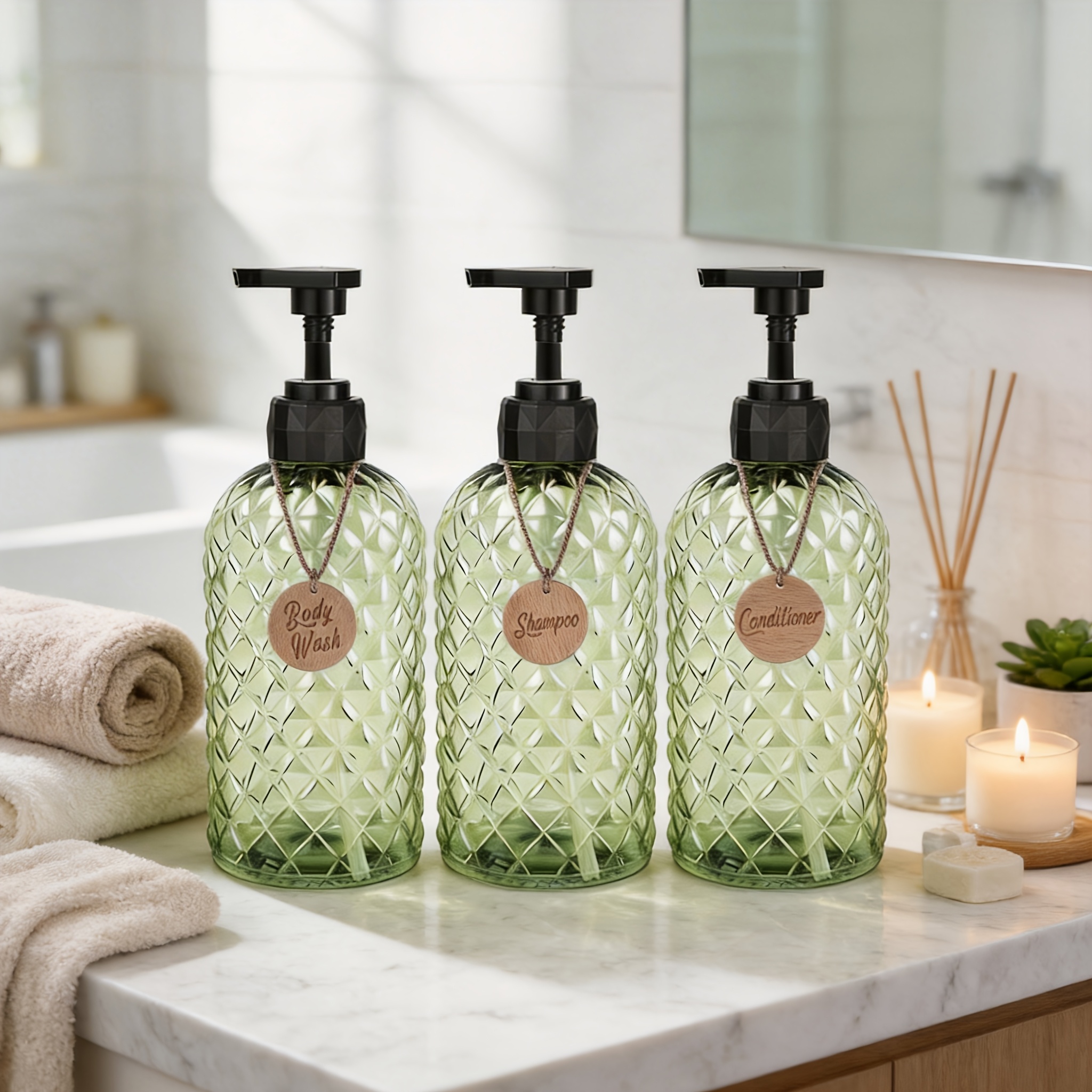 TEMU 3pcs Set: 500ml Green Shampoo, Body Wash, And Conditioner Dispenser Bottles, Soap Dispenser, Art Piece