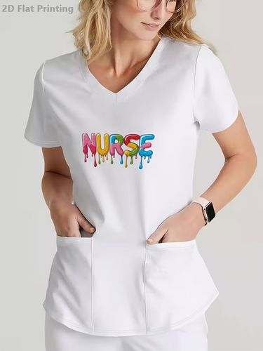 Camiseta de manga corta con cuello en V para mujer, blusa profesional, ropa de trabajo, estampado con patrón de letras "ENFERMERA", tipografía con efecto de goteo colorido, ajuste suave y cómodo, para trabajo y uso casual