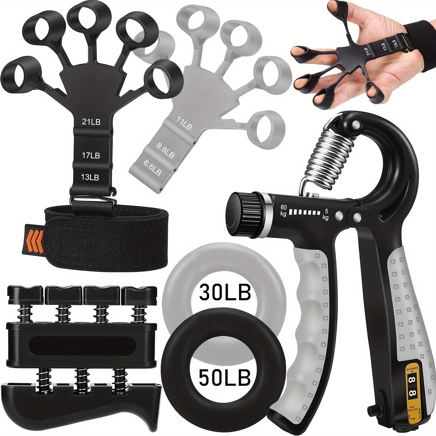 

6pcs Grip Strength Trainer Kit, Including Finger Exerciser, Hand Grip Strengthener, Hand Extension Exerciser And Forearm Workout Ring For Muscle Building