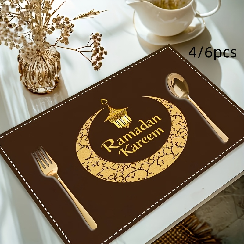 

4/6pcs Ramadan Linen Placemats, Hand Wash Only, Woven Rectangular Table Mats With Lantern And Moon Design, 100% Celebration & Kitchen Dining Decor