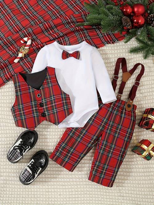 3-delige western kerst gentleman kledingset voor babyjongens, inclusief lange mouw ronde hals bodysuit met vlinderdas en rood geruit vest en elastische taille casual overalls, perfect voor kerst, verjaardagsfeestjes, avondgebeurtenissen, bruiloften, volledig