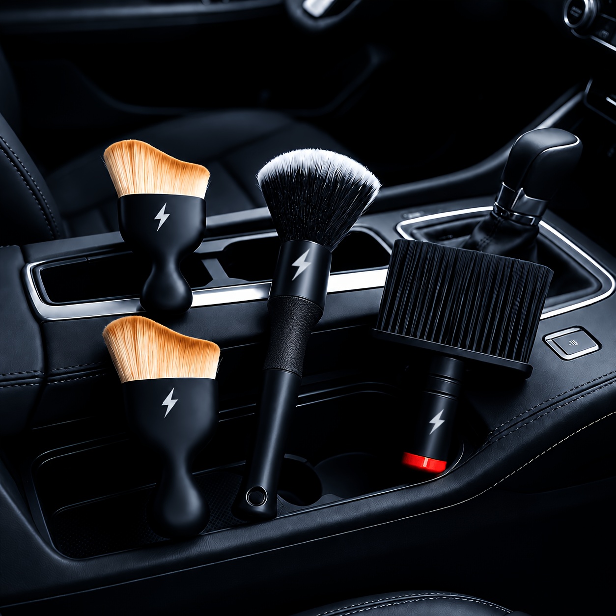 TEMU 4pcs Lightning Design Car Interior Cleaning Brush Set, Soft Bristles For Detailed Cleaning, A Multi-functional Cleaning Tool Suitable For