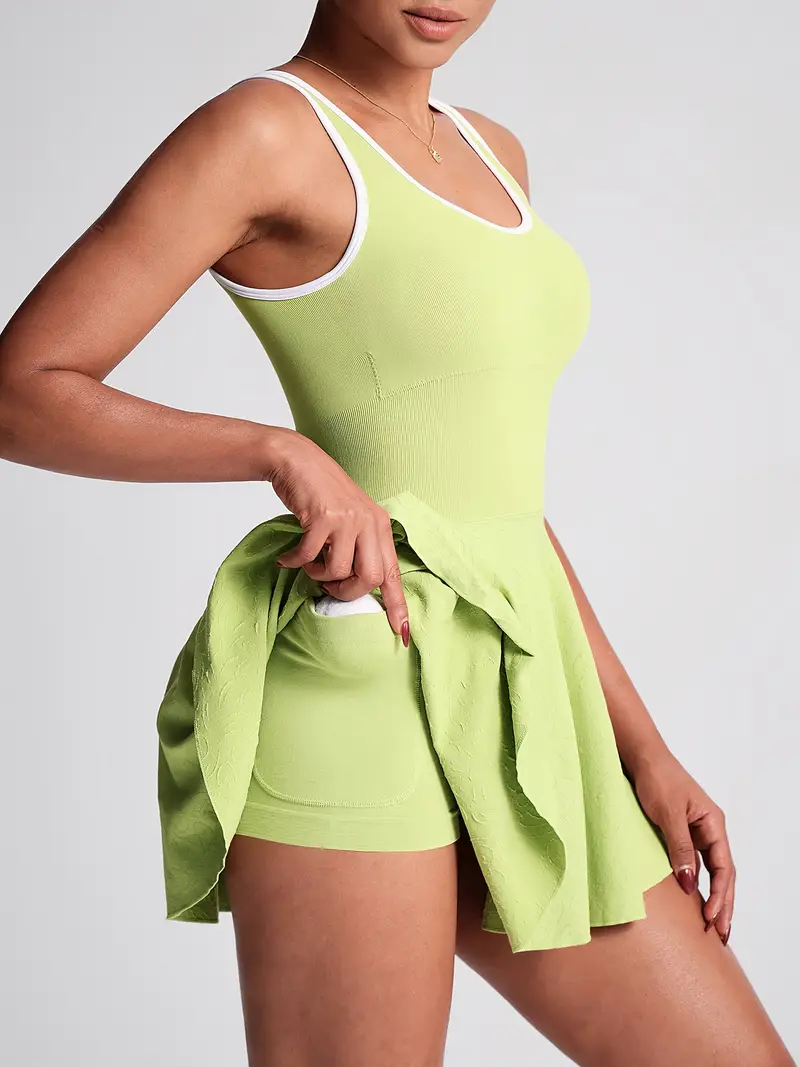 lime green workout dress RKSTN Tennis Rompers for Women Athletic Romper Dress with Built in Shorts Crew Neck Drawstring Waist Workout Summer Dresses for Women (Pink ,S)