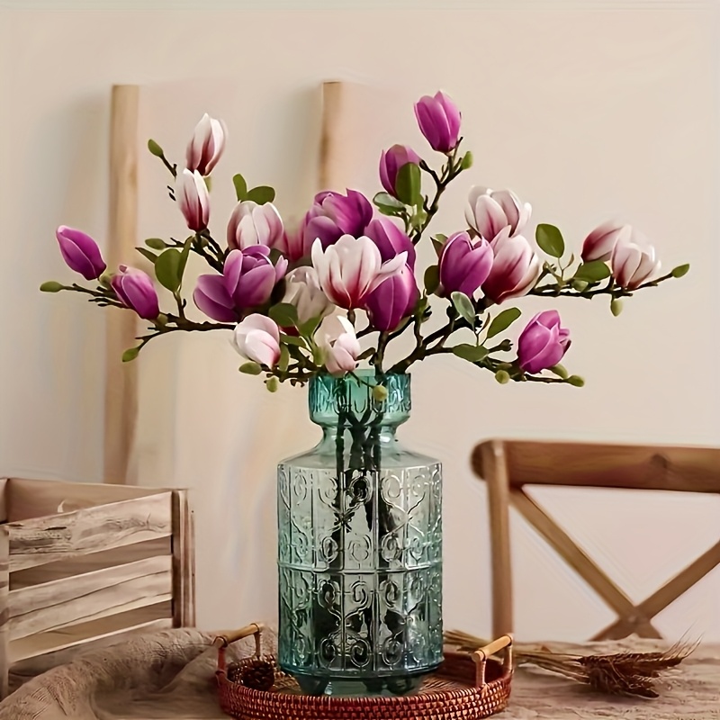 Image of 2pcs Simulated Pink And Purple Mixed Artistic Magnolia Flowers, Suitable For Home Indoor Living Room Wedding Party Restaurant Vase Decoration, You And Elegant Atmosphere (bottle Not Included)