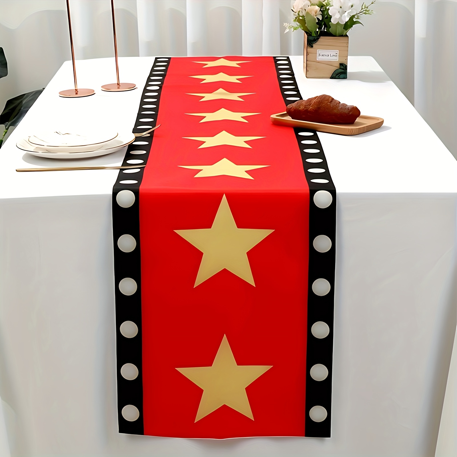 TEMU 1pc -star Pattern Polyester Table Runner - Graphic Tablecloth For Movie Night Party Decor, Dining Table Decoration, Event Gifts, And Party