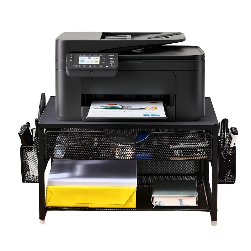 item picture multi functional desktop printer stand double layer black iron desktop organizer with storage drawers and two pen holders suitable for home offices multi functional for fax machines and scanner portable