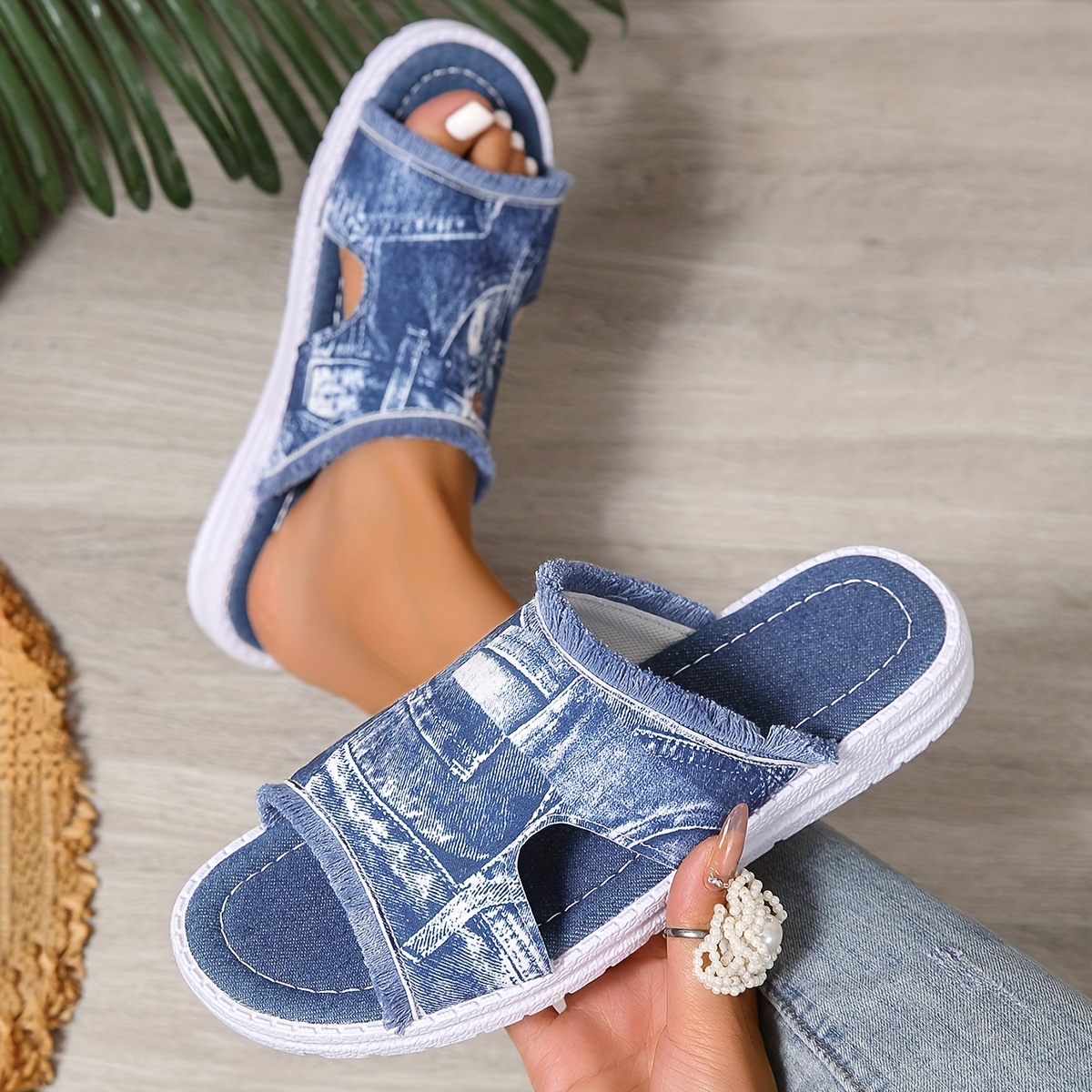 Image of 2025 New Summer Women's Plus Size Cross-border Fashionable One-strap Fabric Lace-up Casual Slip-on Flat Slippers, Women Shoes
