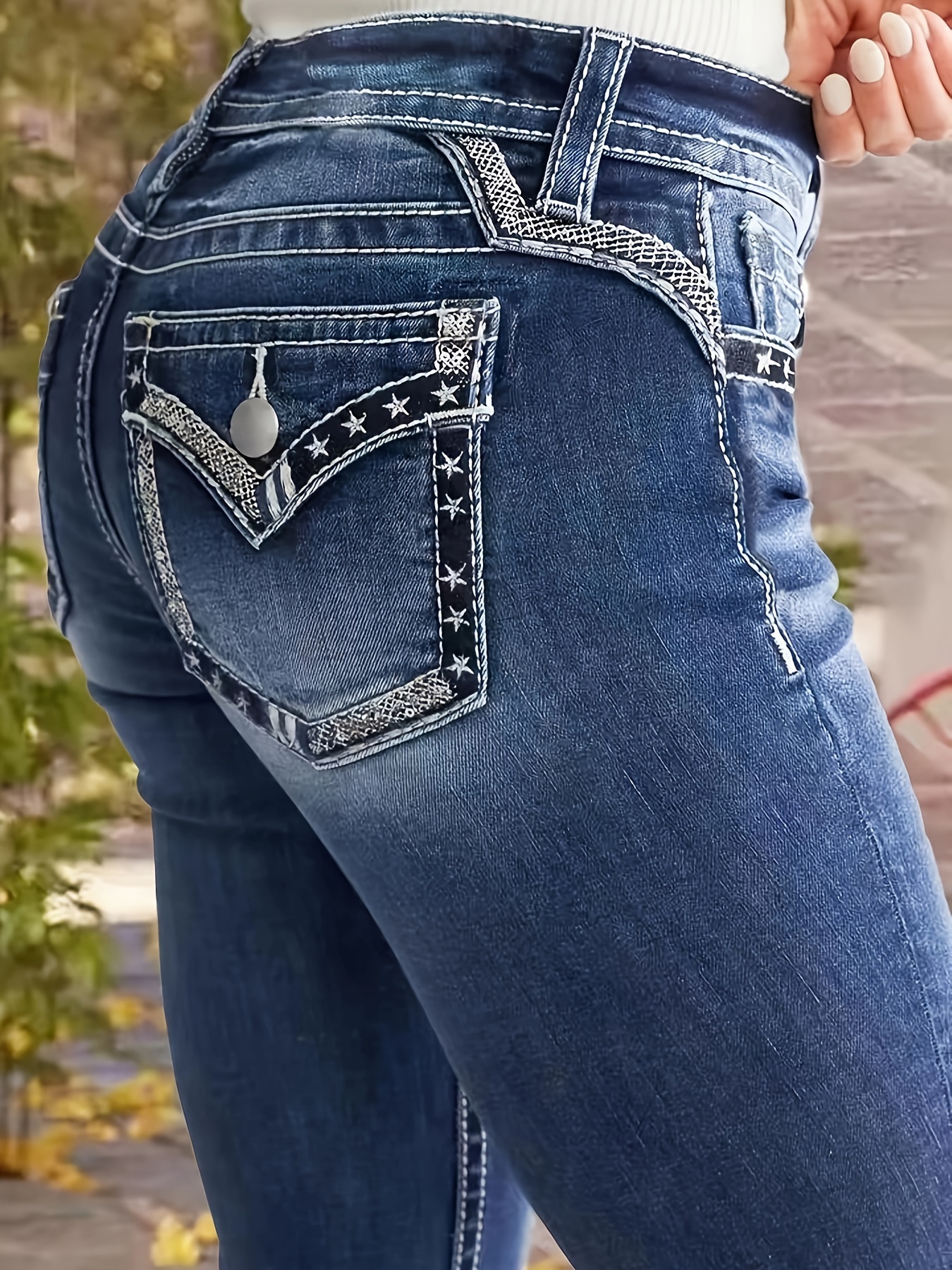 Embroidery Whiskering Slash Pocket Versatile Flare Leg Bootcut Denim Pants, Women's Denim Jeans & Clothing