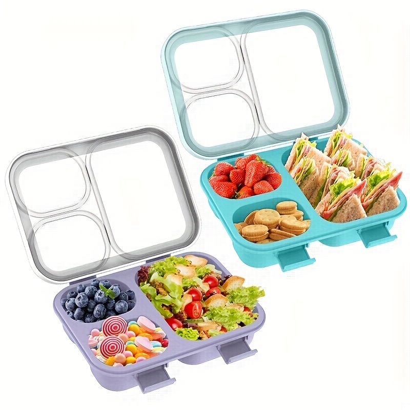 Image of New 2pcs Bento Box Sealed Fruit Box With Transparent Lid, Minimally Designed 3 Independent Divided Bento Trays Microwave Lunch Box, Multi Purpose Portable Meal Box