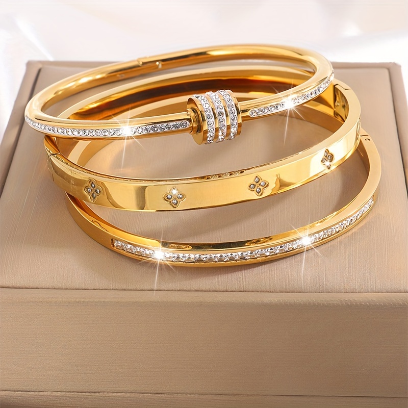 

3pcs Elegant Stainless Steel Bracelet Set With Embellishments, Rotating Clasp, Chic Jewelry For Women