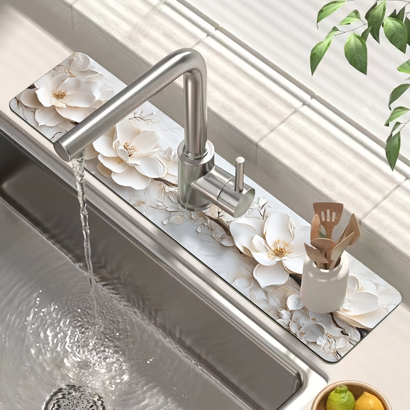 1pc Elegant White Floral 3d Faucet Mat - Moisture-proof & Durable Polyester, Splash Absorbent With Suction Cup For Kitchen & Bathroom Decor