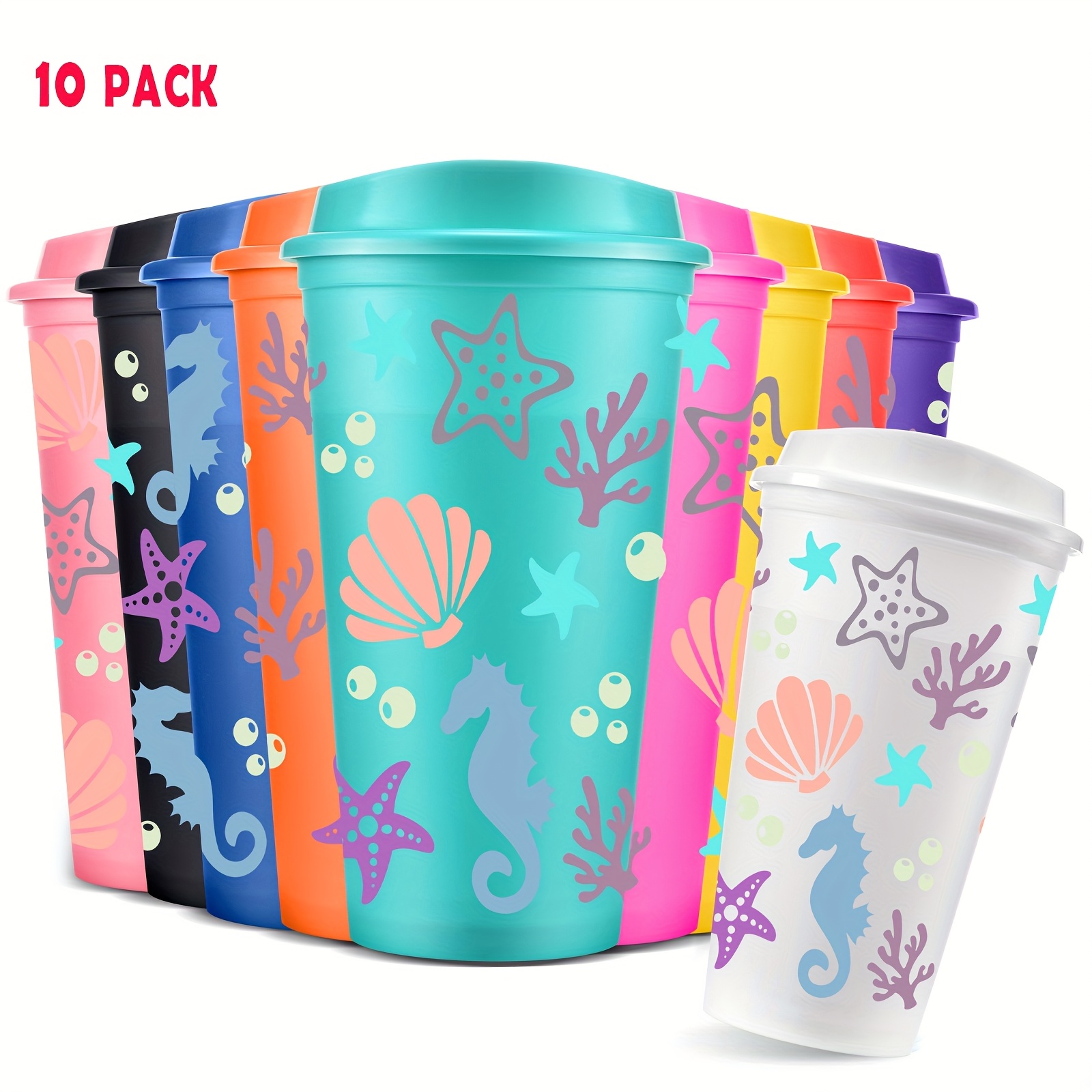 10pcs 16oz 475ml ocean theme plastic tumblers lid seahorse - Temu
