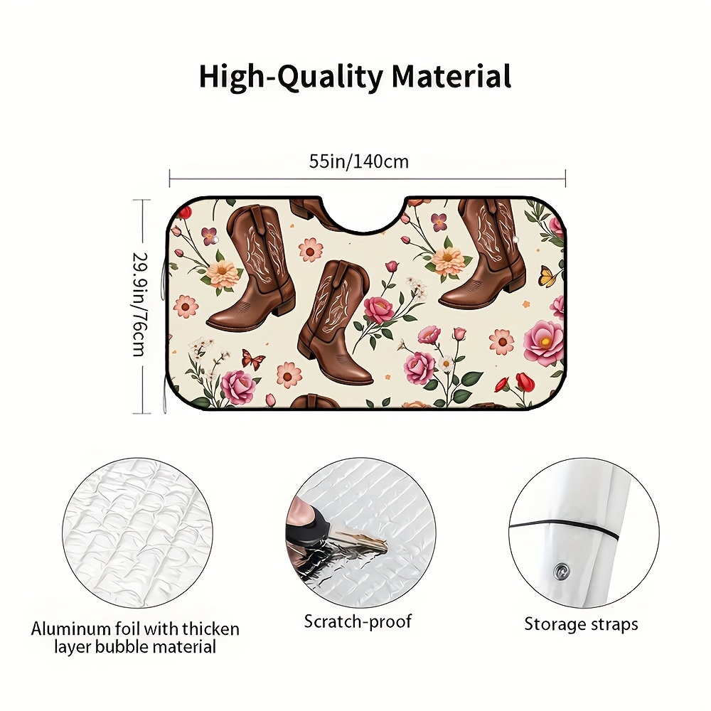 TEMU 1pc, Floral Cowboy Boots Pattern Car Windshield Sunshade, Foldable Sun Visor For Front Windshield, Ensures A Cool Vehicle Interior For And