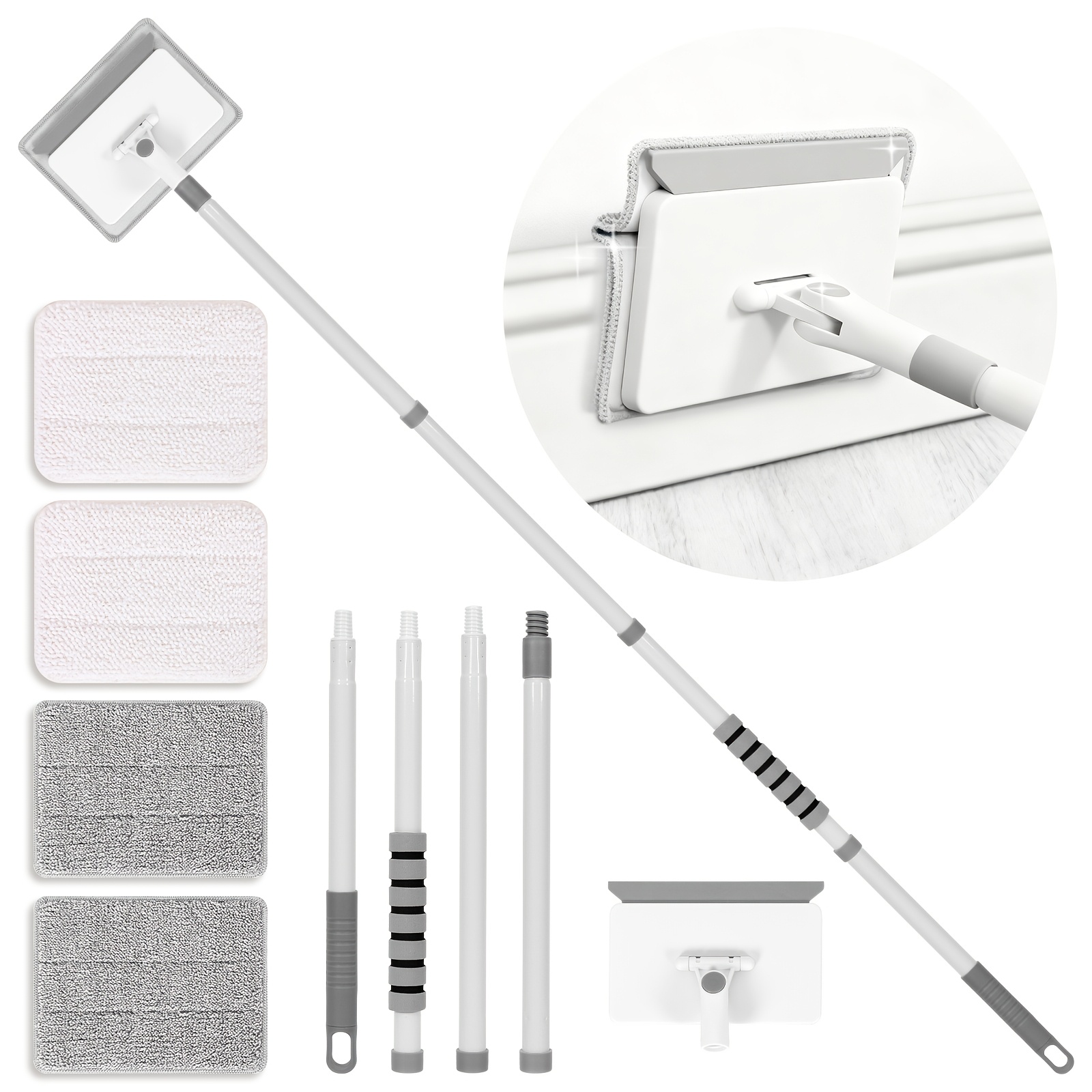 TEMU Balai de nettoyage de plinthes 55.9In/142Cm avec manche, outil de nettoyage mural réglable avec 4 tiges d'extension, 4 lingettes de nettoyage