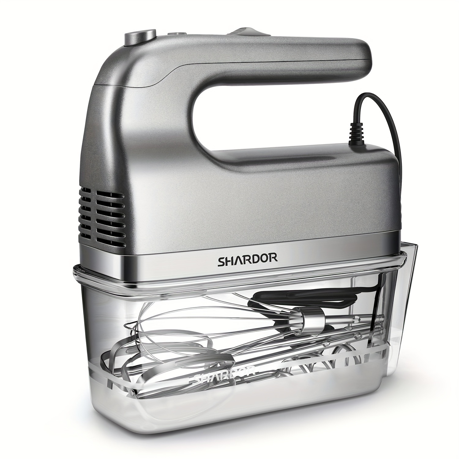 

Shardor Hand Mixer, 350w Handheld Mixer With Storage Case 5-speed Plus Turbo Hand Mixer Electric With 5 Stainless Steel Attachments (2 Beaters, 2 Dough Hooks And 1 Whisk), Silver.