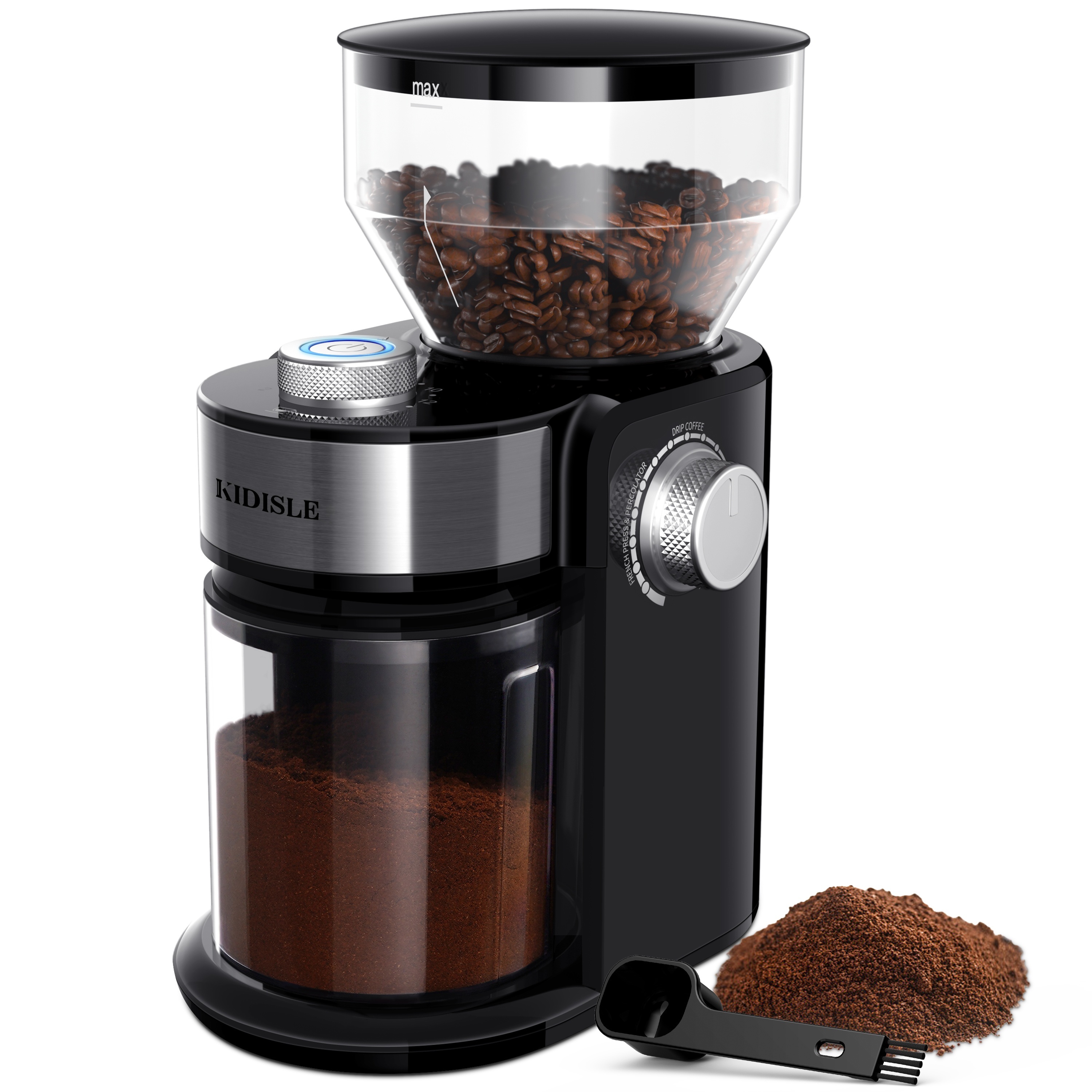 

Electric Coffee Grinder With Adjustable Burrs, 16 Precise Grinder Settings For 2-14 Cups, Black.