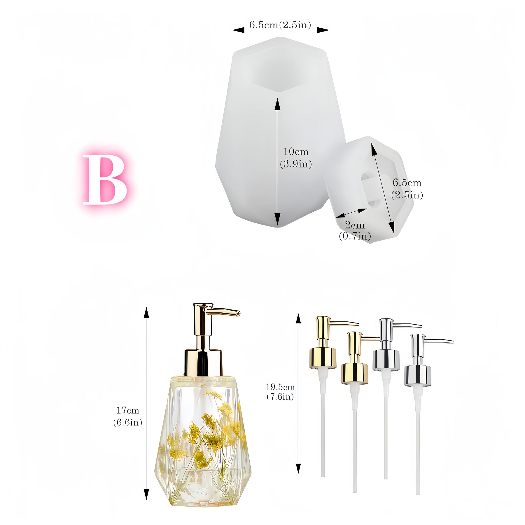 E-shop Flaschenharzform mit Pumpen-Set, Harzgussform-Kit, 1 Satz Pumpflaschen-Harzform + 4 Stück Spenderpumpen, Silikonform Epoxidform,