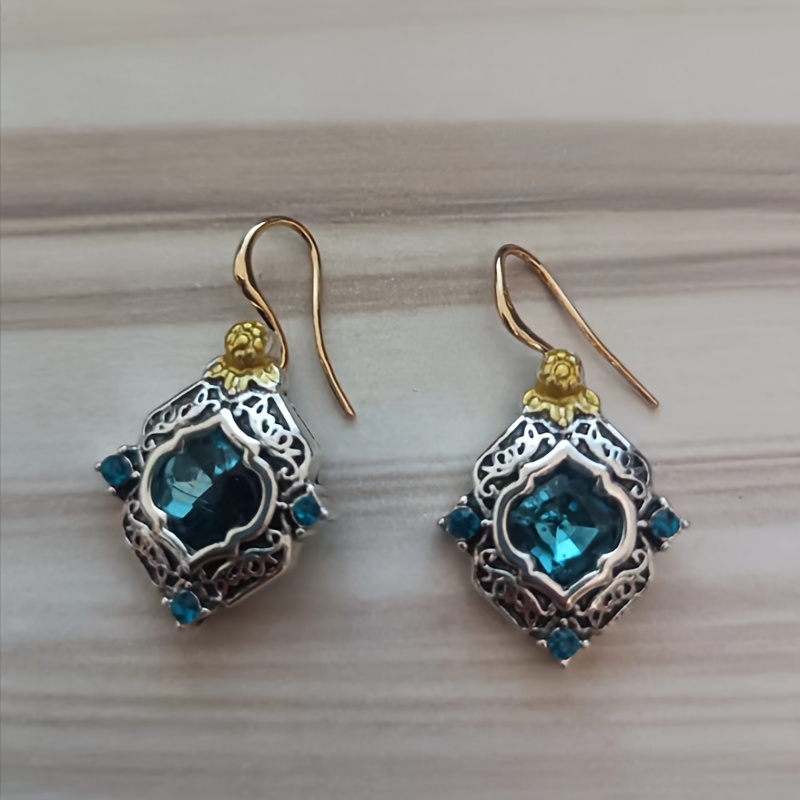 TEMU Boucles d'oreilles pendantes décorées par des pierres synthétiques bleues en sculpté, bijoux en alliage de style rétro élégant, boucles