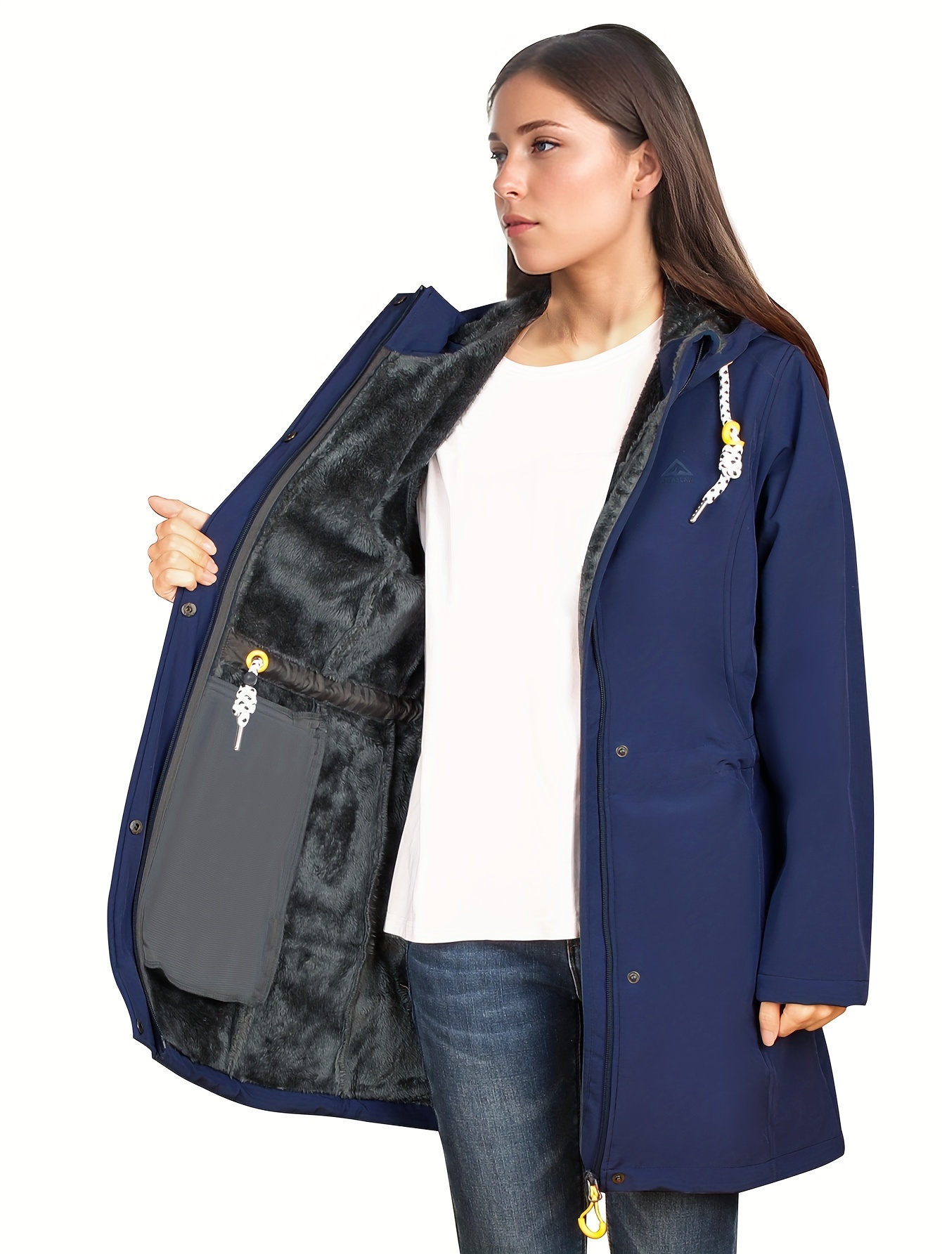 women's fleece jacket long softshell warm trench coat hooded