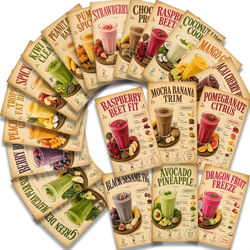 TEMU 20 Sheets/pack Vintage Healthy Lifestyle Smoothie Recipe Card Set - Slimming Aid Meal Replacement Milkshake, For Healthy Weight Loss, With Guide