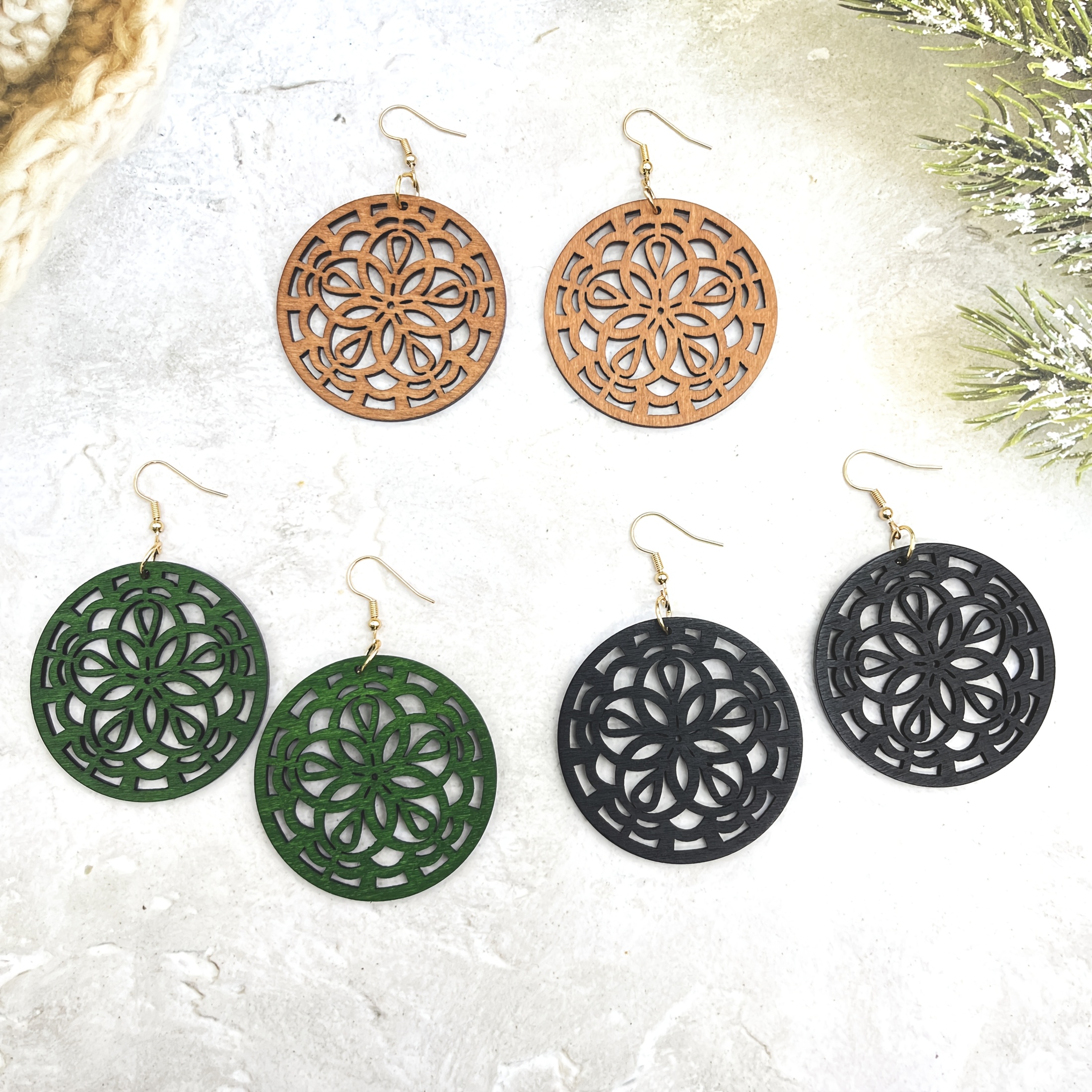 Vintage Boho Wooden Earrings Retro Floral Pattern Iron Post