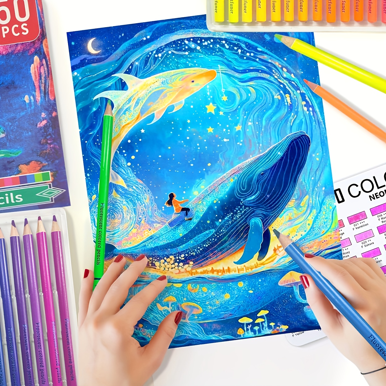 50本 ネオン油性色鉛筆 蛍光色鉛筆 ト用ソフトコア 鮮やかな色彩