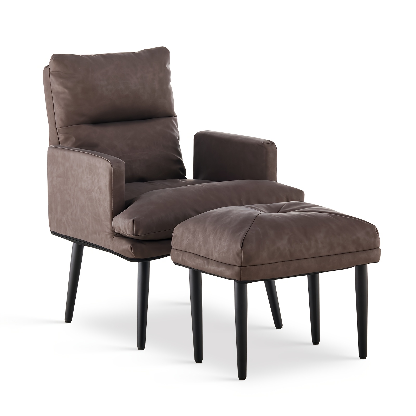 Image of Lemroe Faux Leather Recliner Armchair With Footstool, 90-180 Degree 6-level Adjustable Backrest, Upholstered Living Room Accent Chair With Metal Legs, Foldable Lounge Chair, Bedroom Sofa Chair