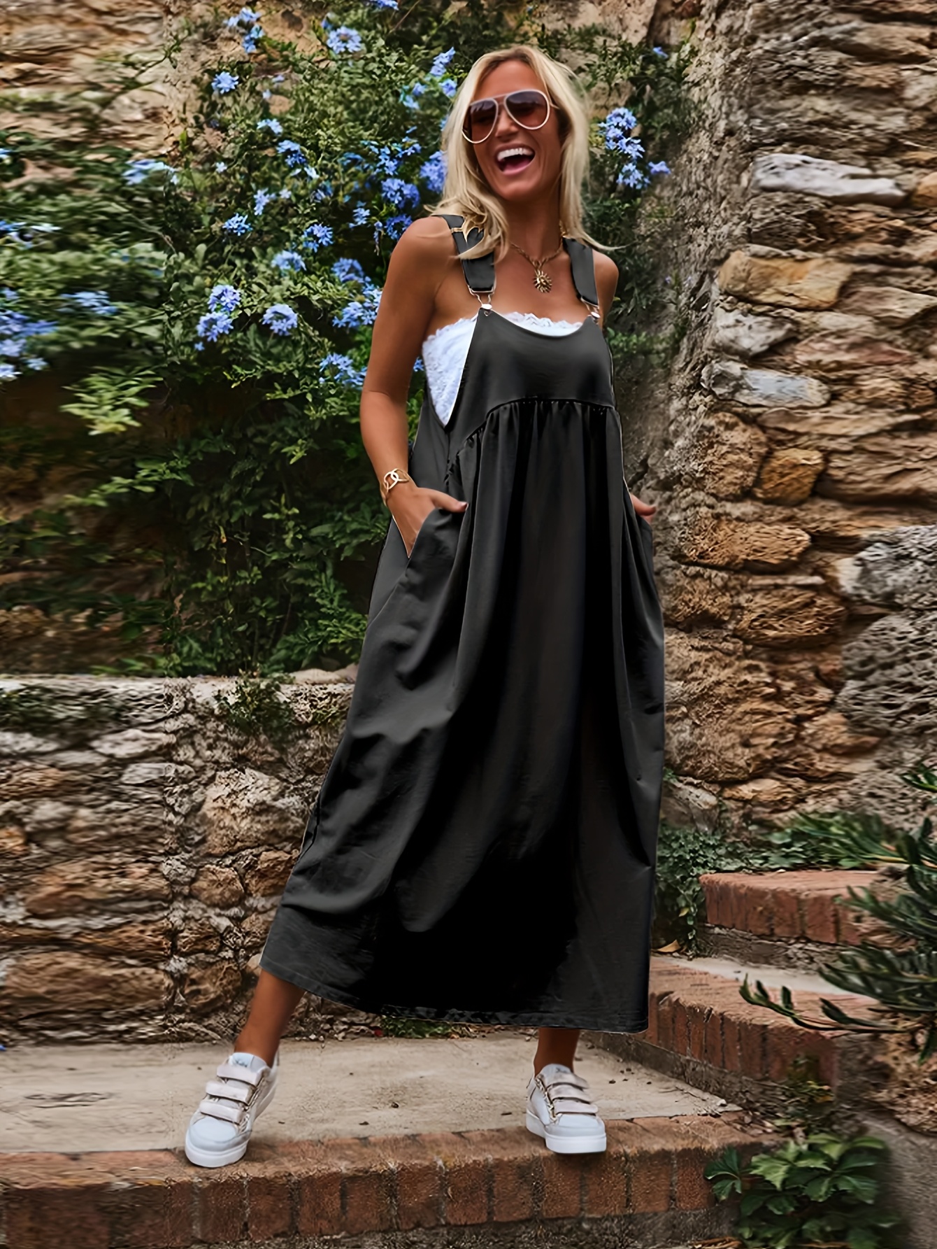 chinese dress ladies Women Plus Size Solid Black Square Neck Crepe Thigh-High Slit Flared A-Line Maxi  Dress