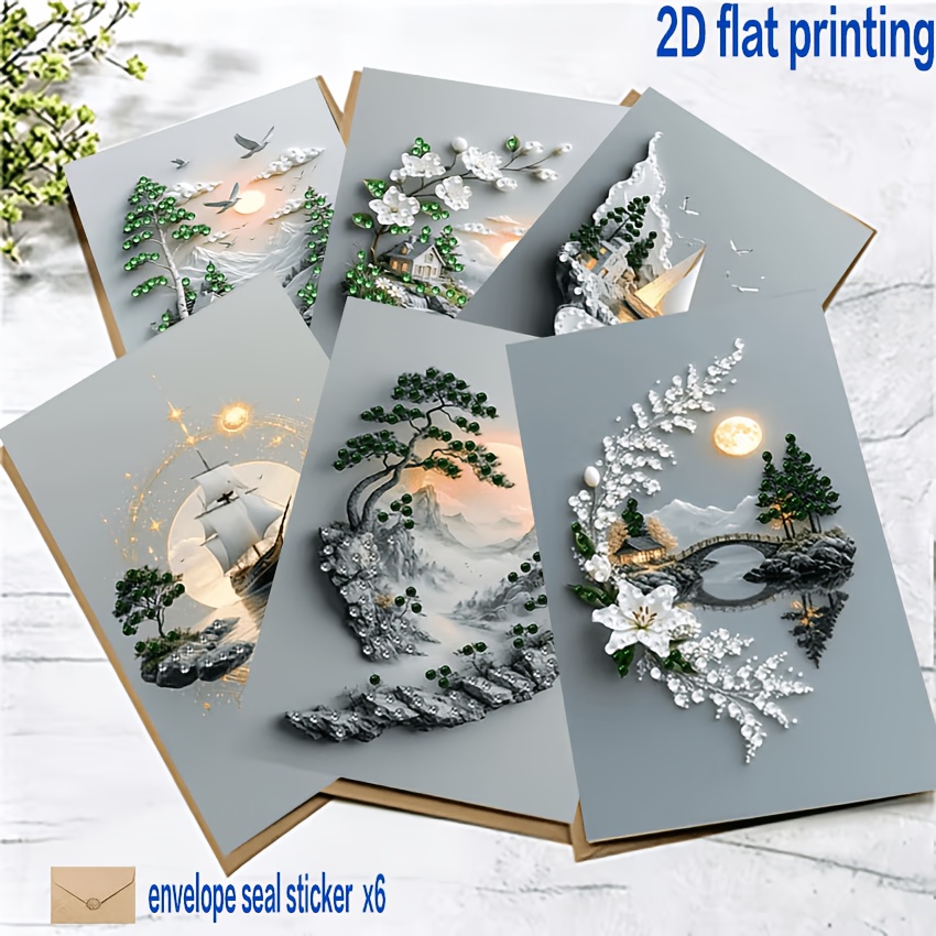 TEMU Nieuwste 6 stuks 2D Platte Diamant Schilderij Wenskaarten - Vakantie Serie, Diamant Kunst Ontwerp. Ronde Strass Steentjes Irreguliere Diamant