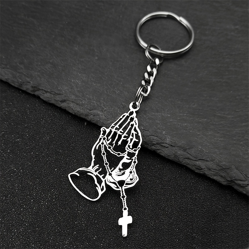 Image of Hollow Gesture Chains For Men Stainless Steel Golden Color Christian Religion Key Ring Gift