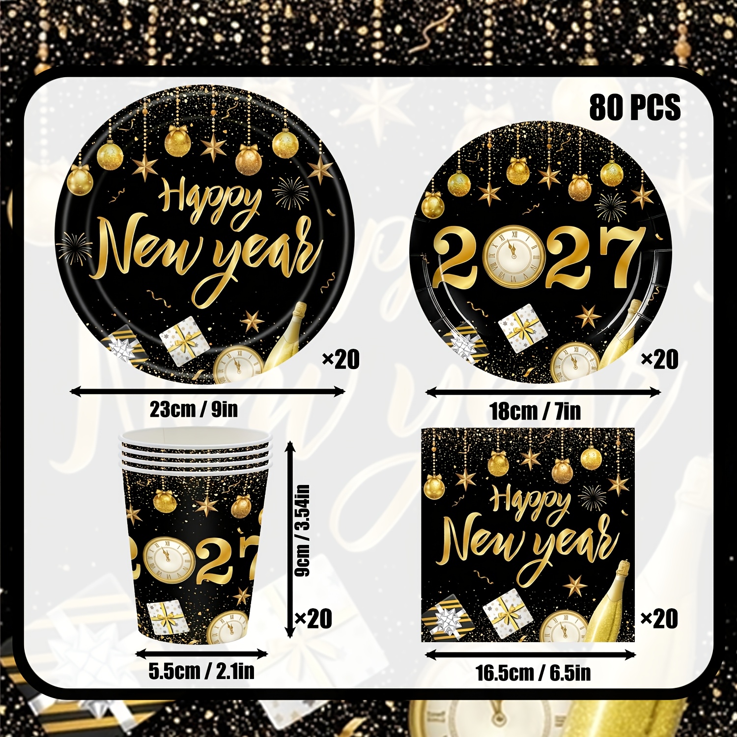 TEMU 300gsm 80pcs Black Golden Happy New Year Party Tableware Set Perfect For | Nye Clock Countdown Fireworks Theme | Heavy Duty Disposable Paper