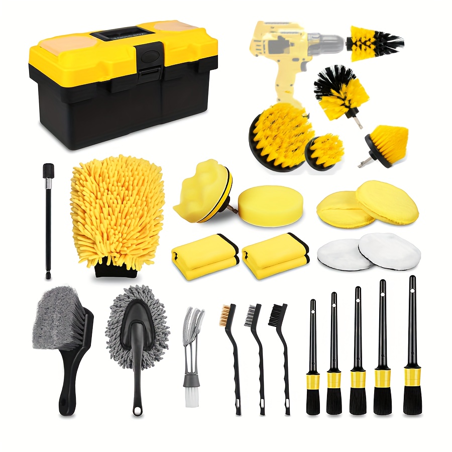 

Kit de Lavage de Voiture 27pcs: Brosses de Détail pour , l'Extérieur & le Nettoyage des Roues - Ensemble Complet de Maintenance Automobile (Perceuse Non Incluse)